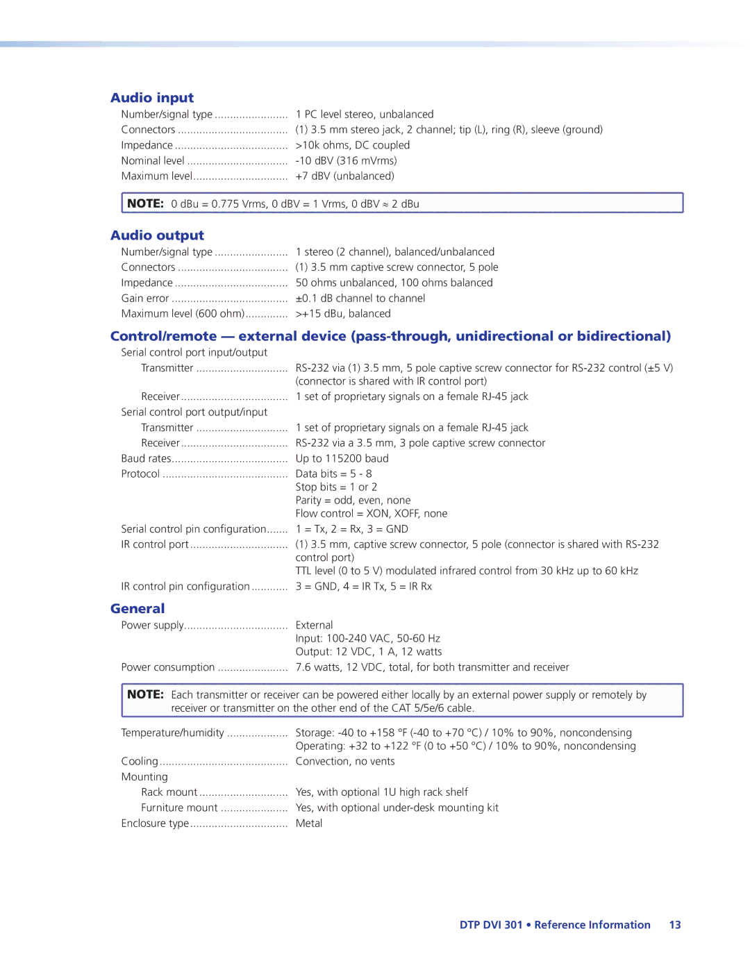Extron electronic DTP DVI 301 manual Audio input, Audio output, General 