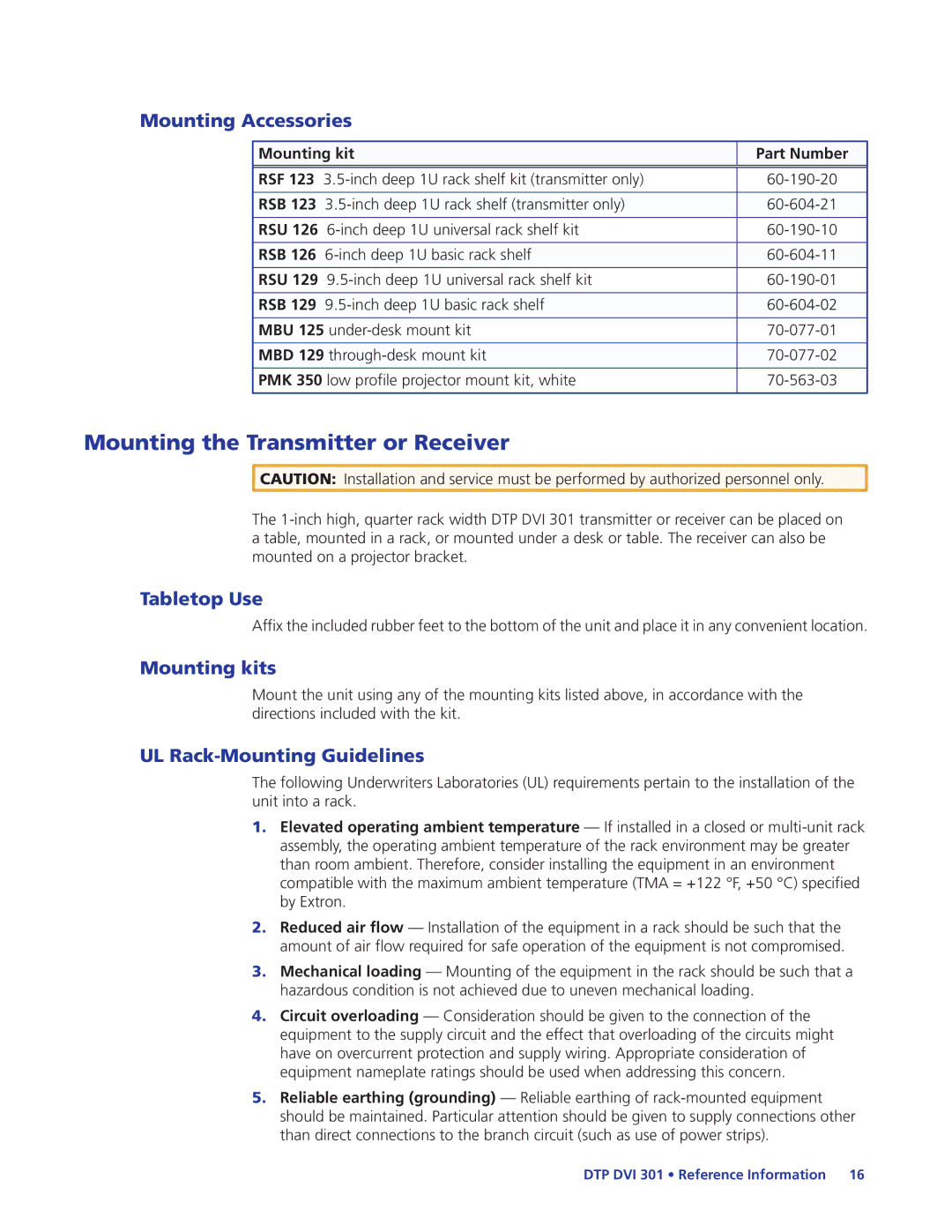 Extron electronic DTP DVI 301 manual Mounting Accessories, Tabletop Use, Mounting kits, UL Rack-Mounting Guidelines 