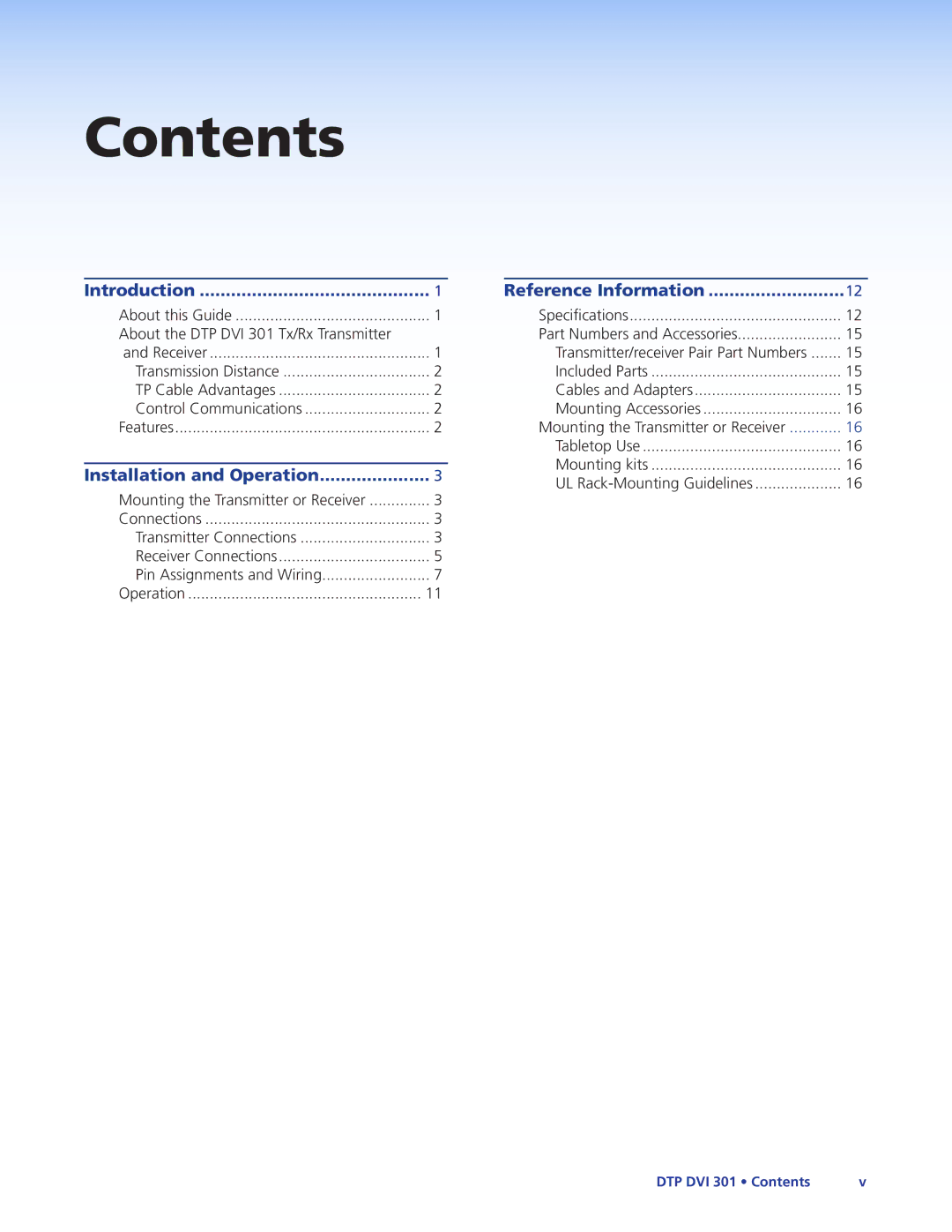 Extron electronic DTP DVI 301 manual Contents 