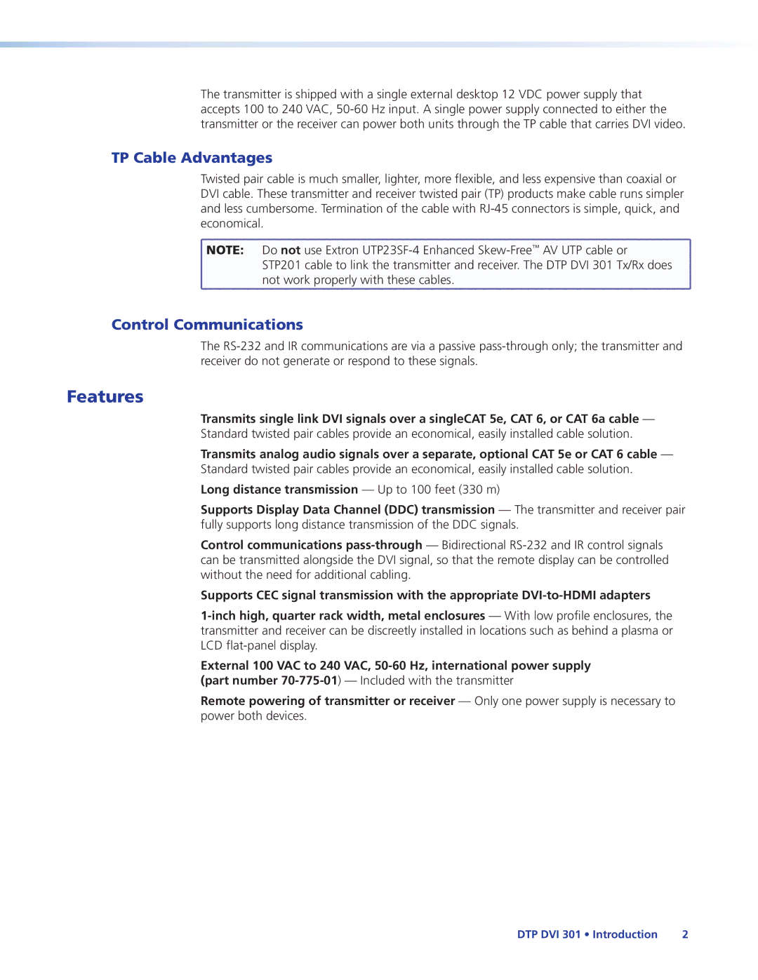 Extron electronic DTP DVI 301 manual Features, TP Cable Advantages, Control Communications 