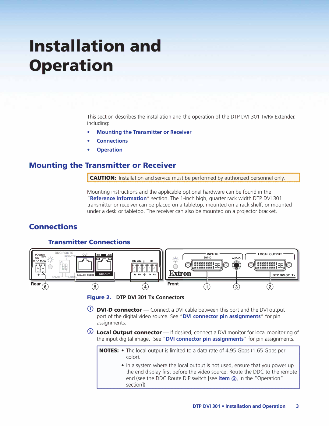 Extron electronic DTP DVI 301 manual Mounting the Transmitter or Receiver, Transmitter Connections 