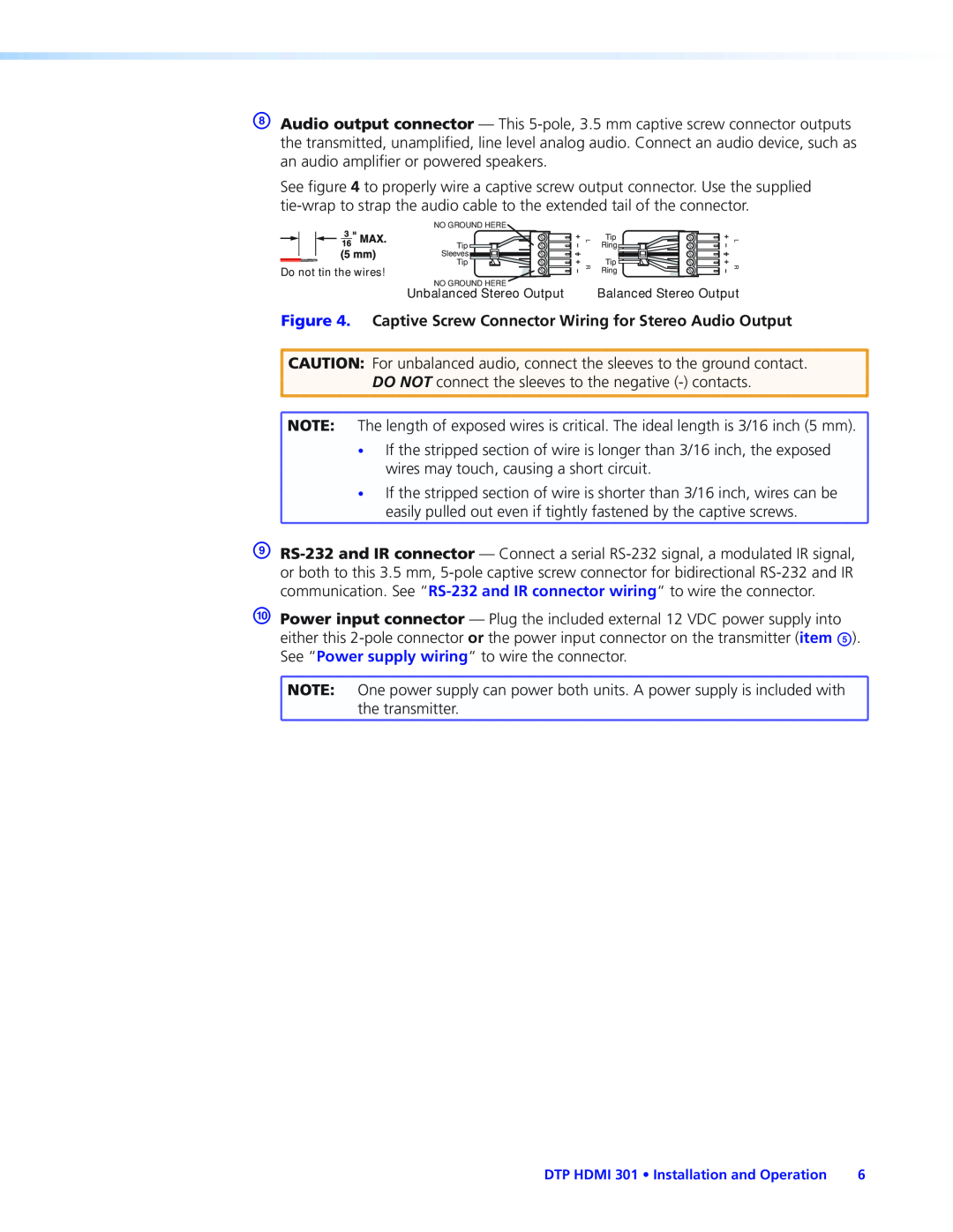 Extron electronic DTP HDMI 301 manual wires may touch, causing a short circuit 