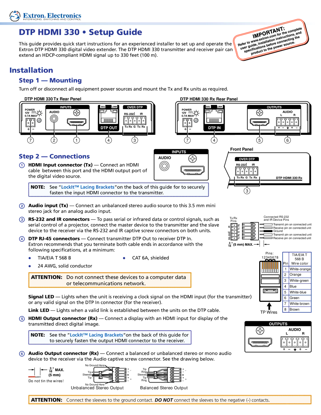 Extron electronic DTP HDMI 330 setup guide Installation, Mounting, Connections, Hdmi Input connector Tx Connect an Hdmi 