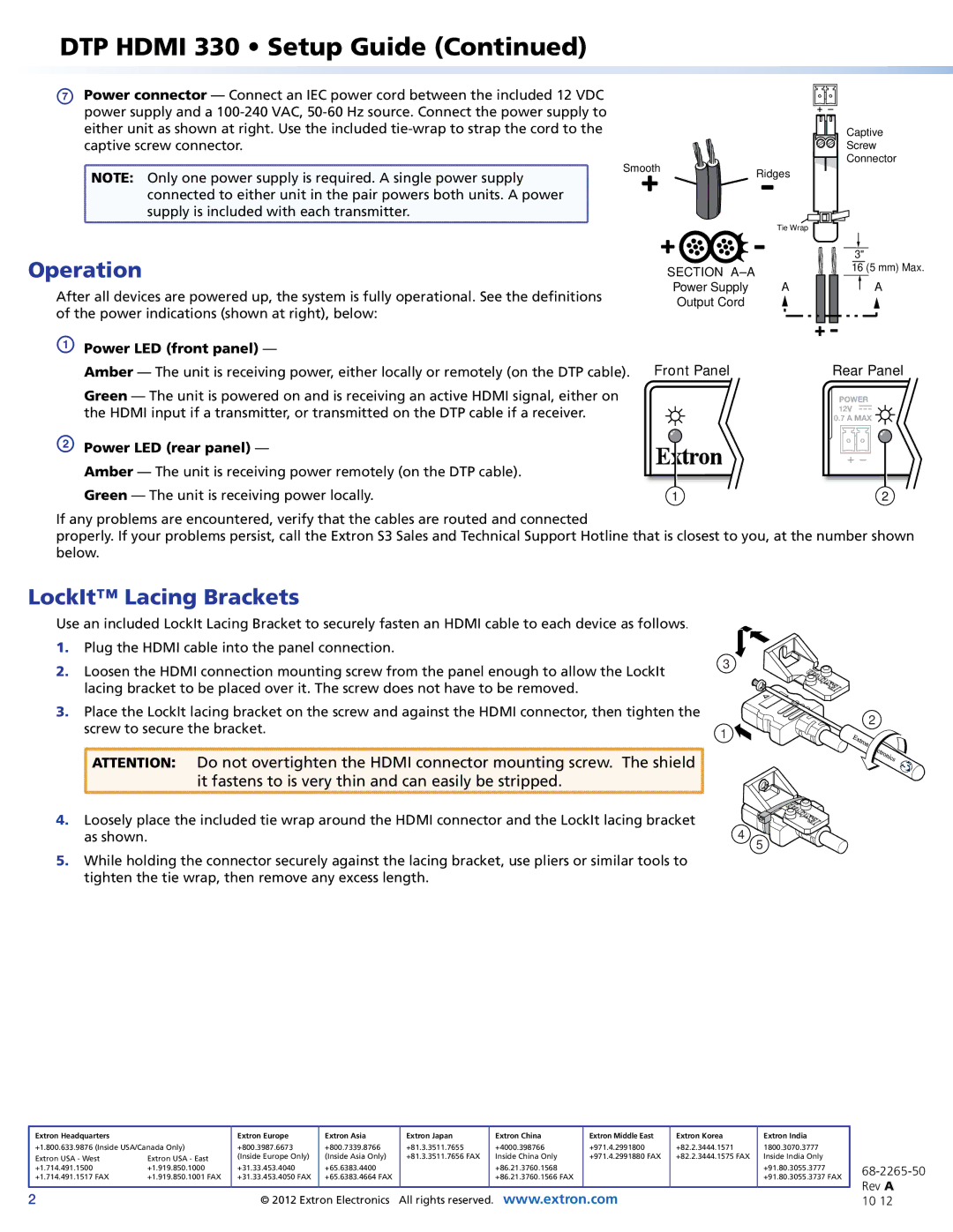 Extron electronic DTP HDMI 330 setup guide Operation, LockIt Lacing Brackets 