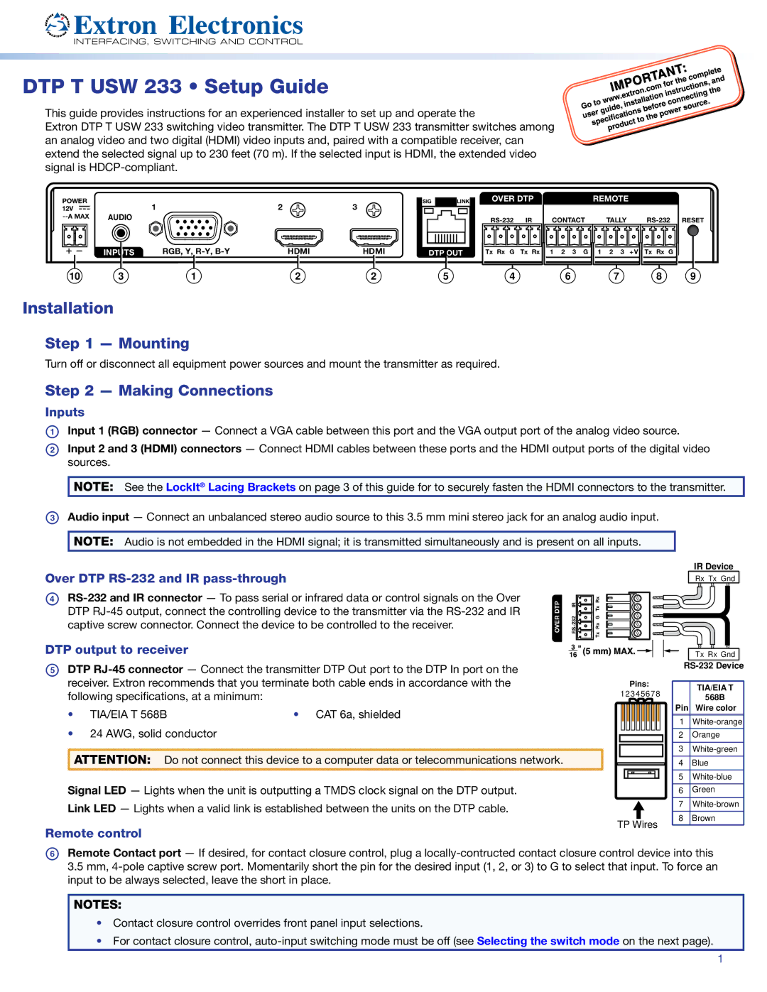 Extron electronic DTP T USW 233 setup guide Installation, Inputs, Over DTP RS-232 and IR pass-through, Remote control 