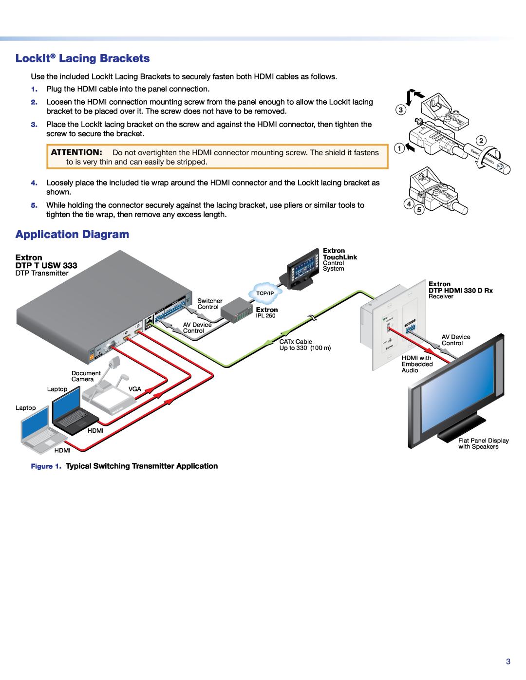 Extron electronic DTP T USW 333 setup guide LockIt Lacing Brackets, Application Diagram, Extron DTP T USW 
