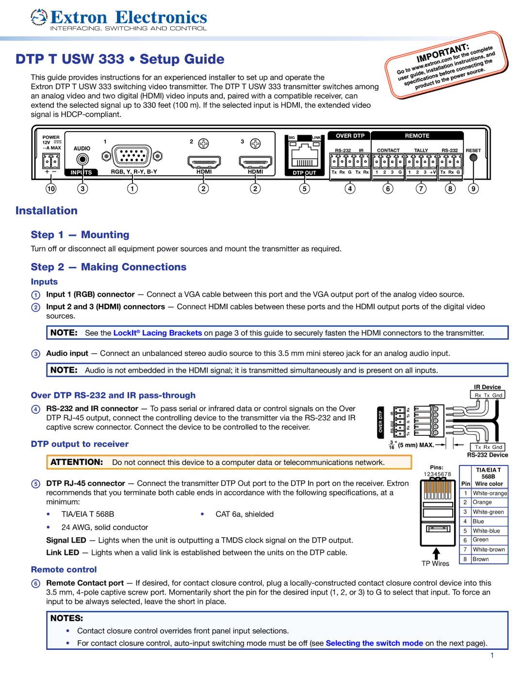 Extron electronic DTP T USW 333 setup guide Installation, Inputs, Over DTP RS-232 and IR pass-through, Remote control 