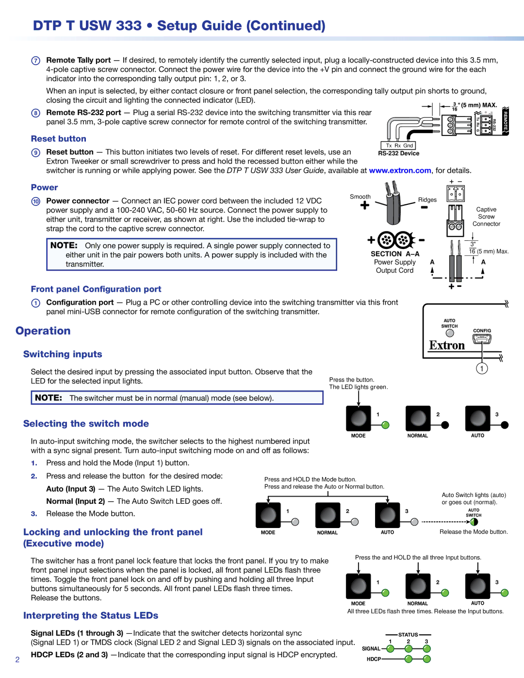 Extron electronic DTP T USW 333 setup guide Operation, Reset button, Power, Front panel Configuration port 