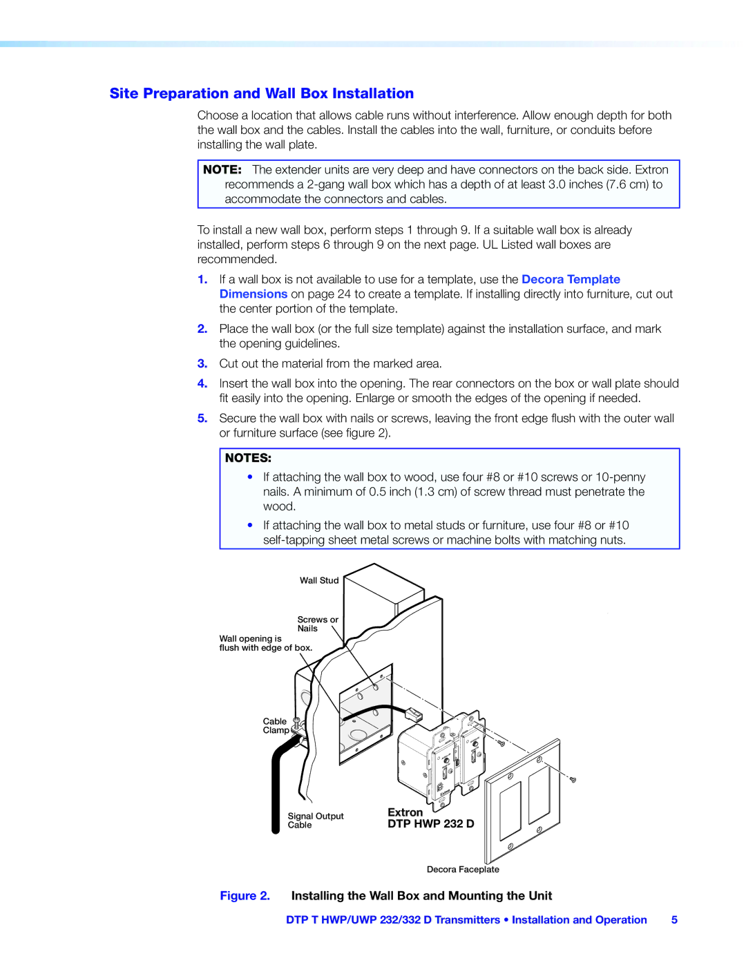 Extron electronic DTP T HWP 232/332 D, DTP T UWP 232/332 D manual Site Preparation and Wall Box Installation 