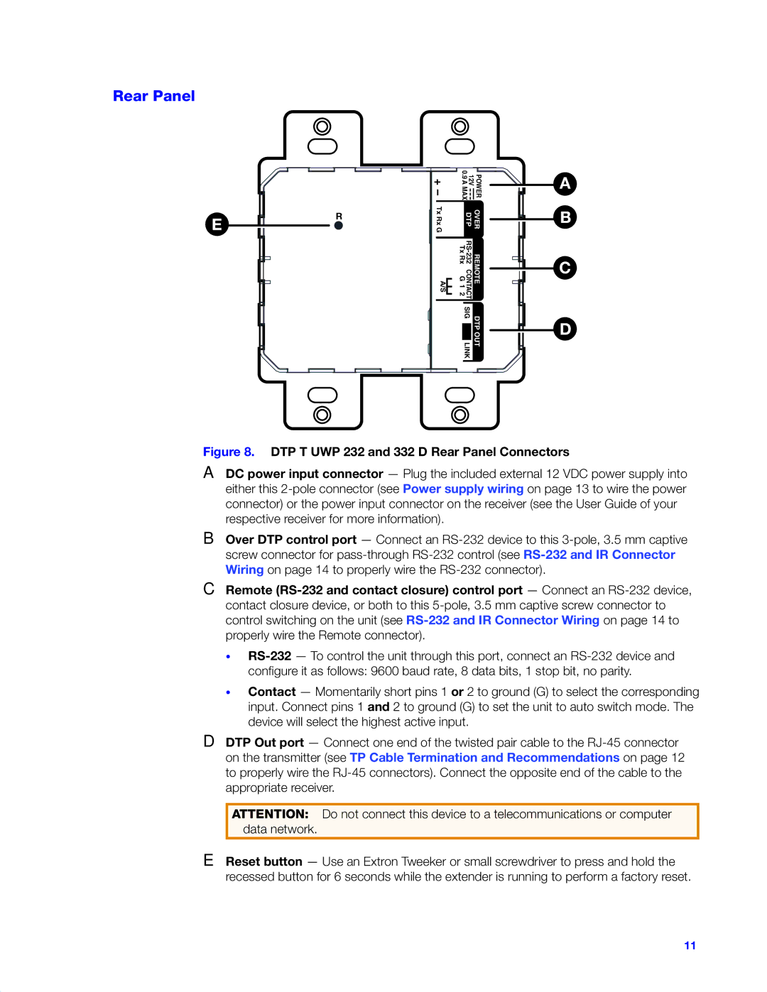 Extron electronic DTP T HWP 232/332 D, DTP T UWP 232/332 D manual DTP T UWP 232 and 332 D Rear Panel Connectors 