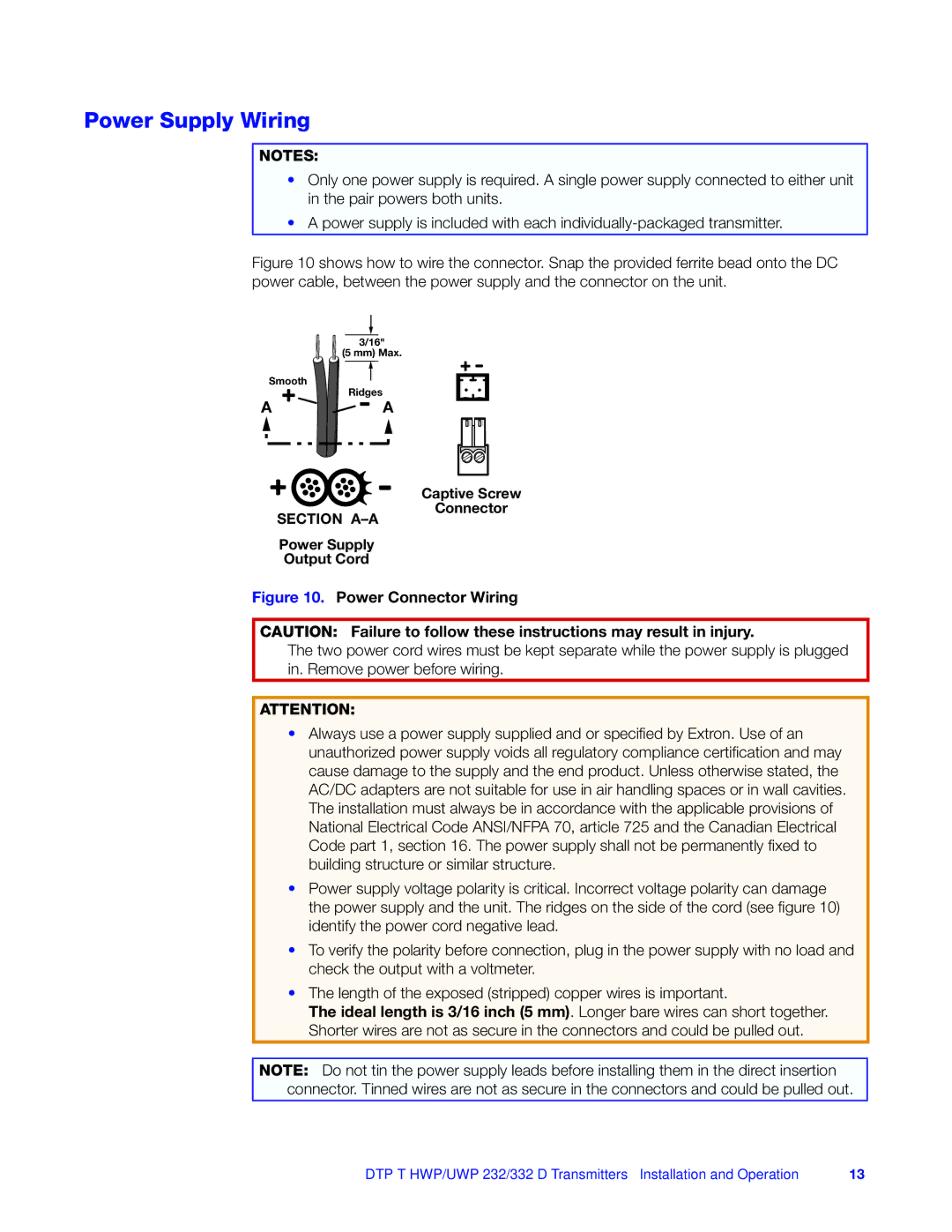 Extron electronic DTP T HWP 232/332 D, DTP T UWP 232/332 D manual Power Supply Wiring, Power Connector Wiring 