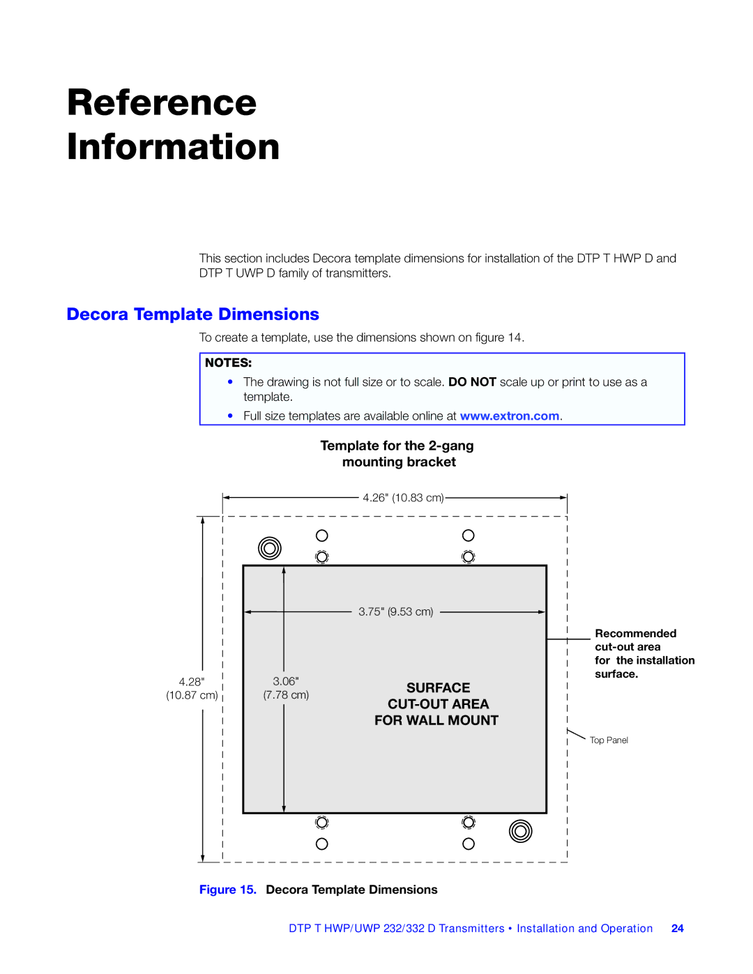 Extron electronic DTP T UWP 232/332 D, DTP T HWP 232/332 D manual Reference Information, Decora Template Dimensions 