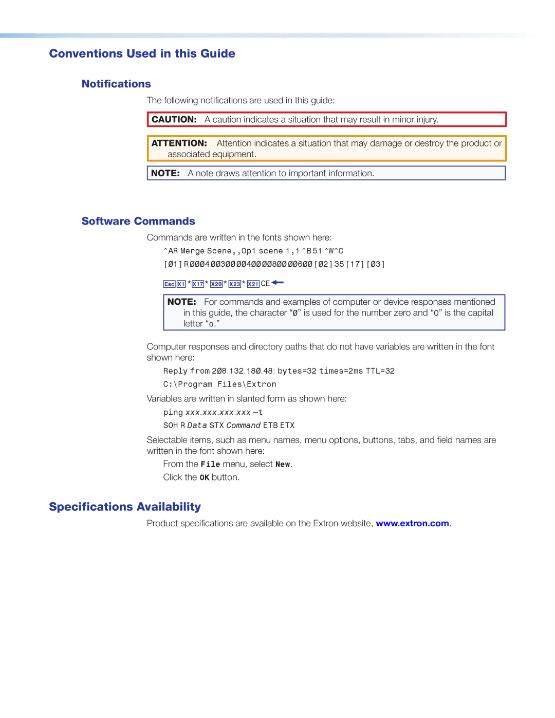 Extron electronic DTP T UWP 232/332 D Notifications, Software Commands, Following notifications are used in this guide 