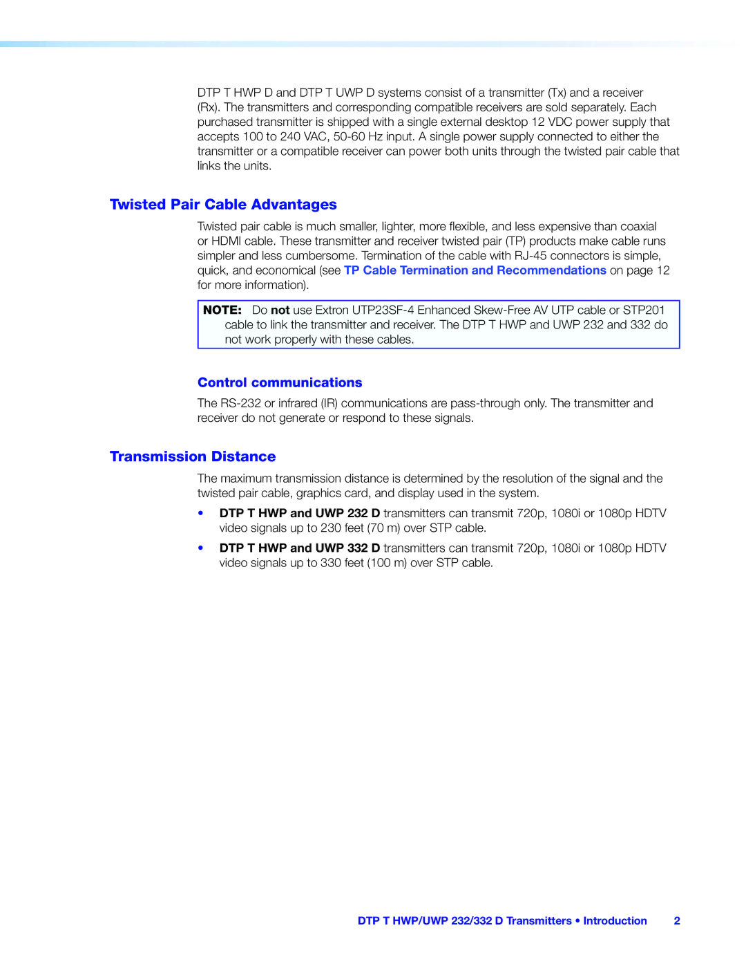 Extron electronic DTP T UWP 232/332 D, DTP T HWP 232/332 D manual Twisted Pair Cable Advantages, Transmission Distance 