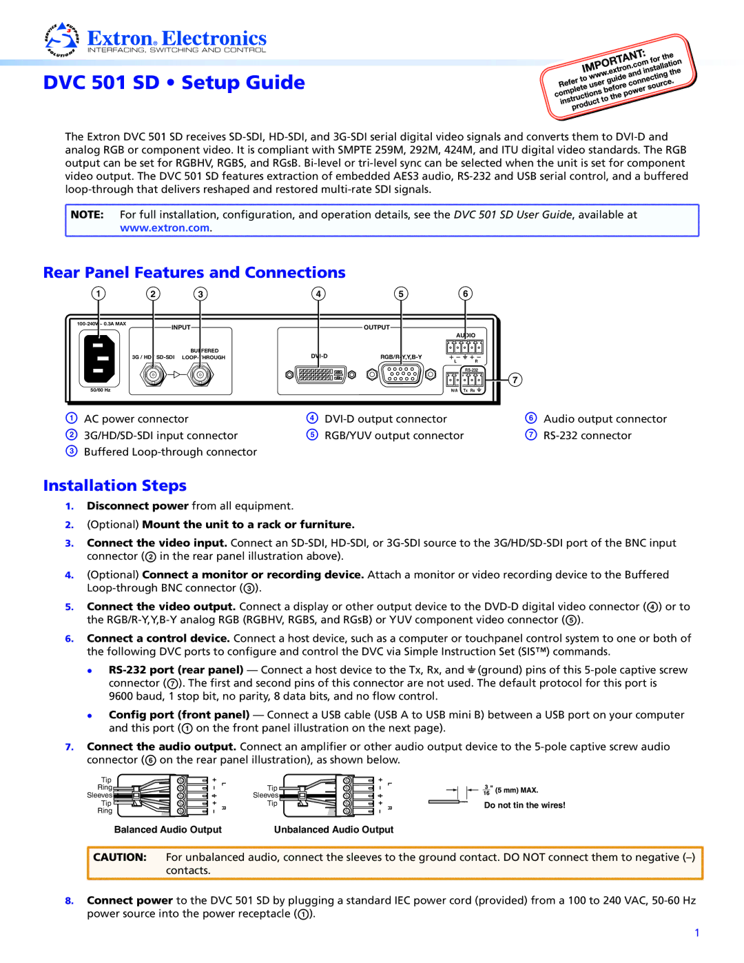 Extron electronic DVC 501 SD setup guide Rear Panel Features and Connections, Installation Steps 