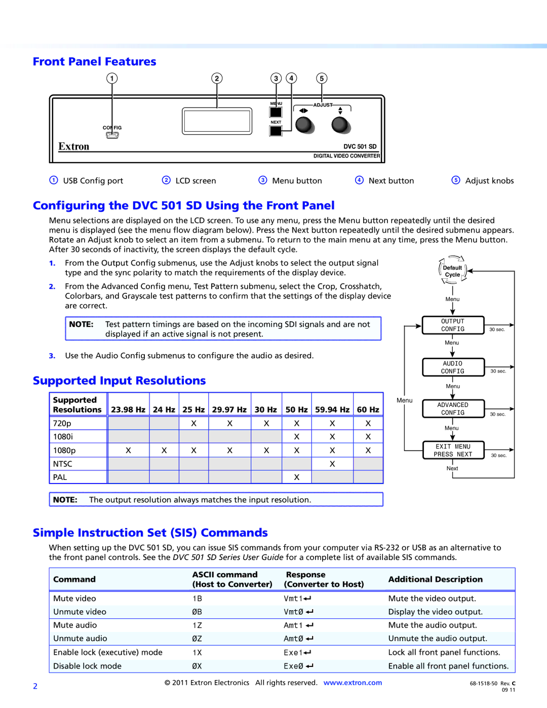 Extron electronic Front Panel Features, Configuring the DVC 501 SD Using the Front Panel, Supported Input Resolutions 