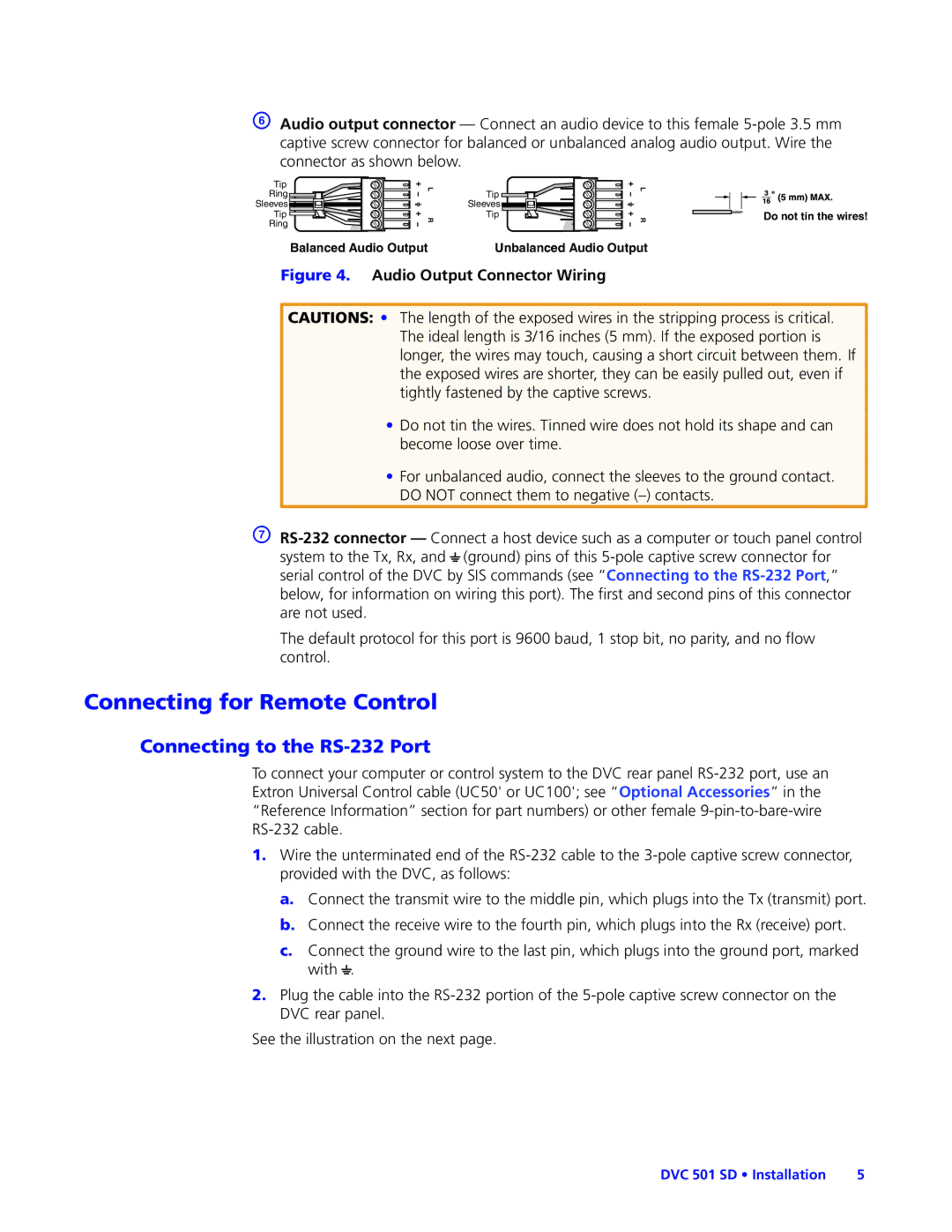 Extron electronic DVC501SD manual Connecting for Remote Control, Connecting to the RS-232 Port 