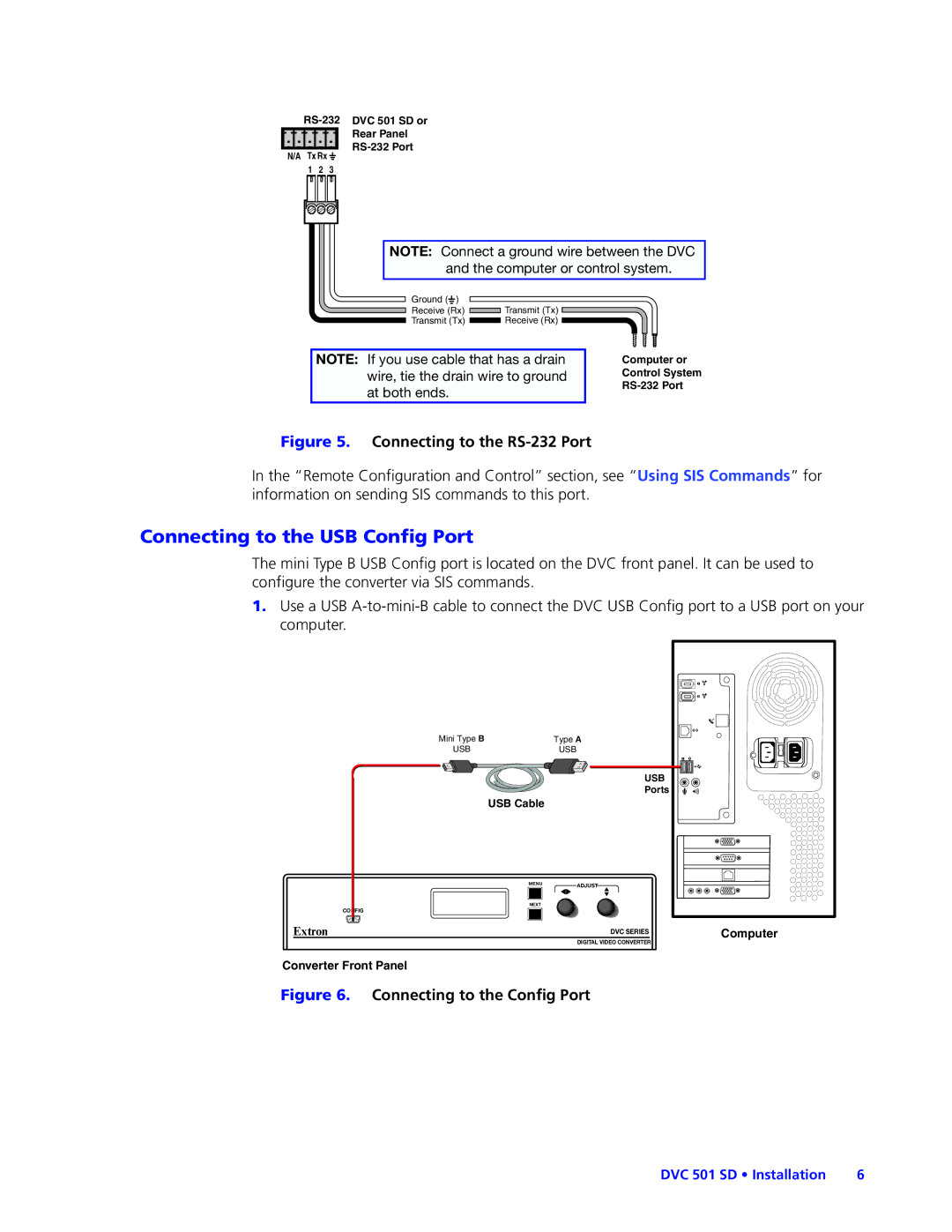 Extron electronic DVC501SD manual Connecting to the USB Config Port, Connecting to the RS-232 Port 