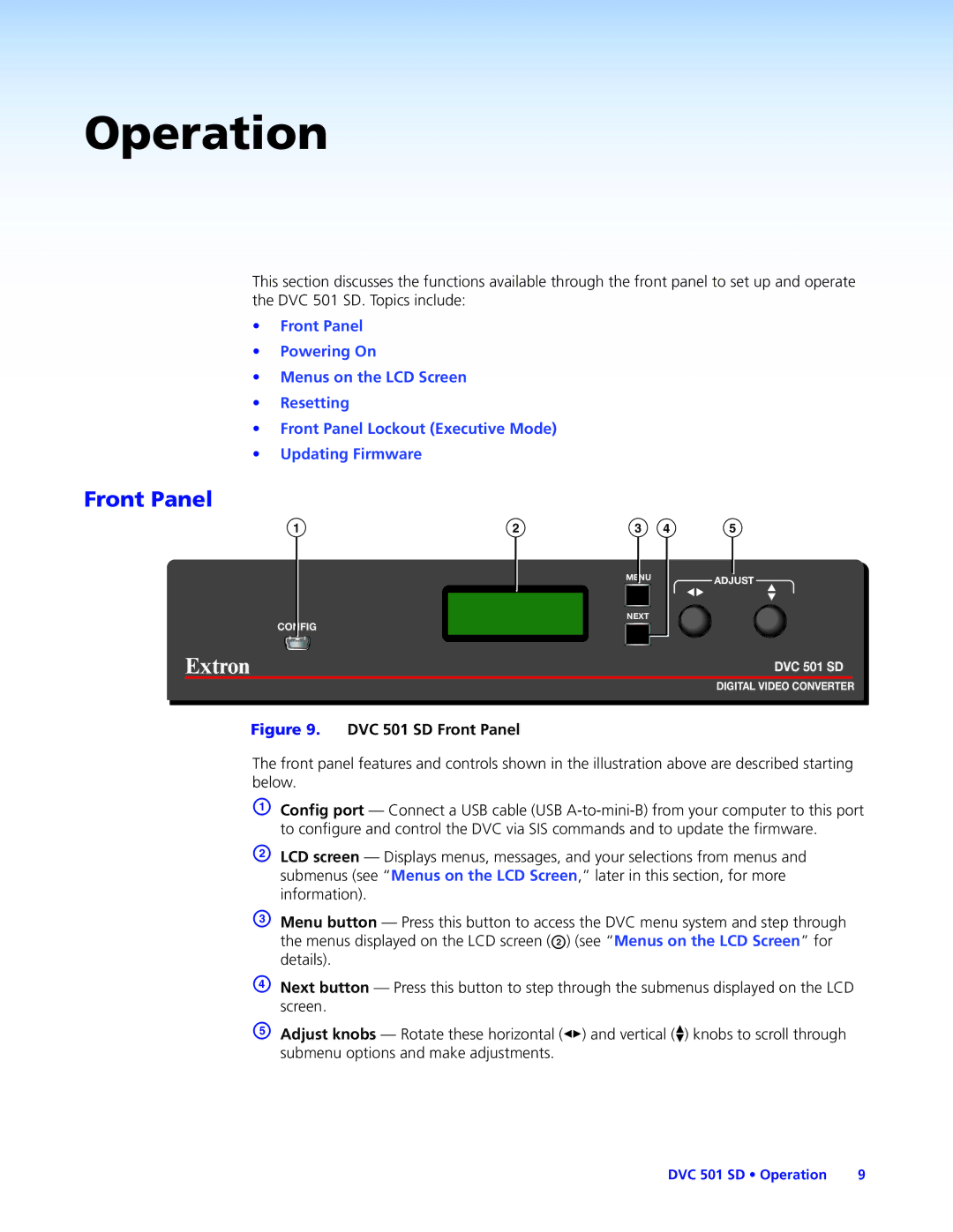 Extron electronic DVC501SD manual Operation, Front Panel 