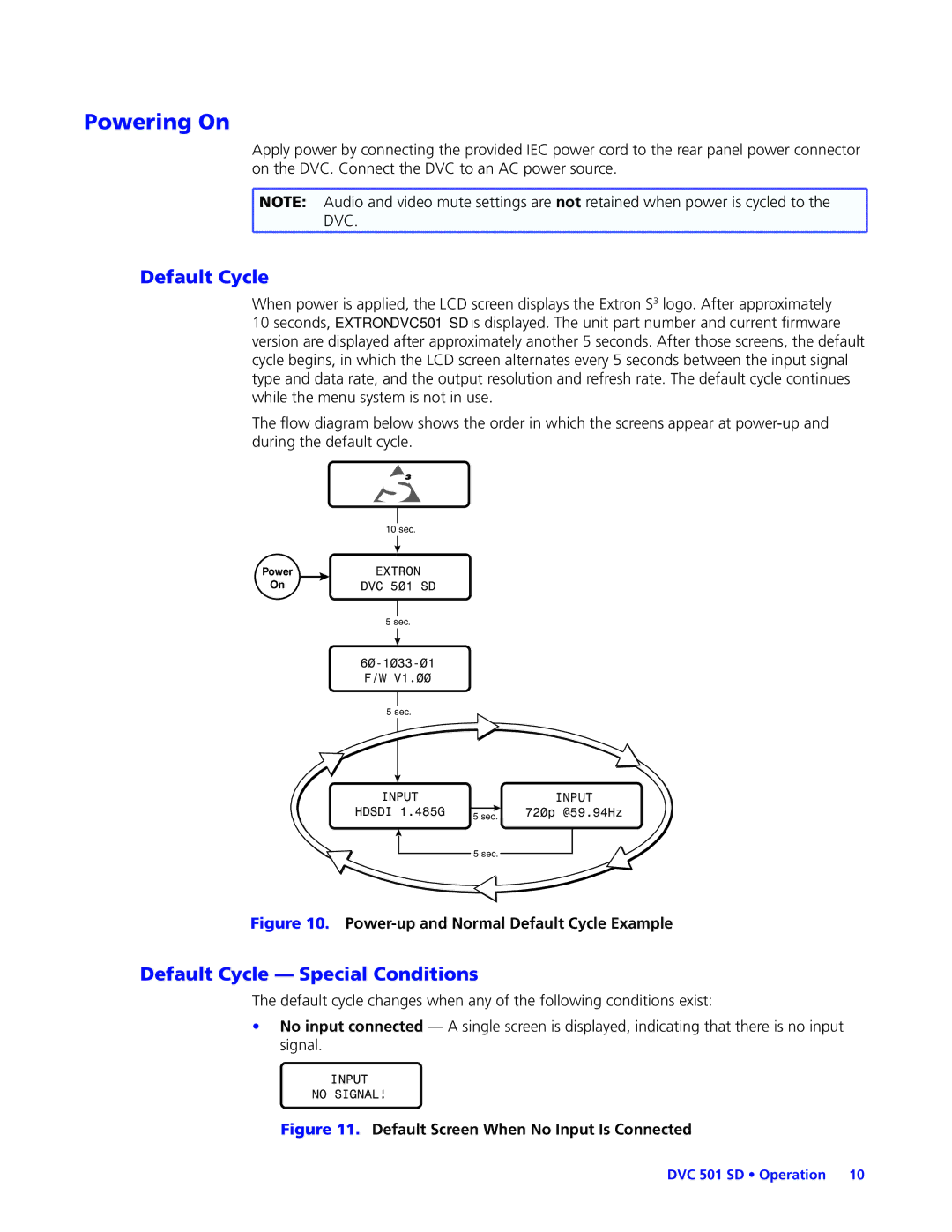 Extron electronic DVC501SD manual Powering On, Default Cycle Special Conditions 