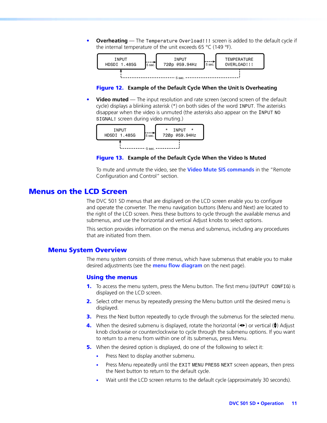 Extron electronic DVC501SD manual Menus on the LCD Screen, Menu System Overview, Using the menus 
