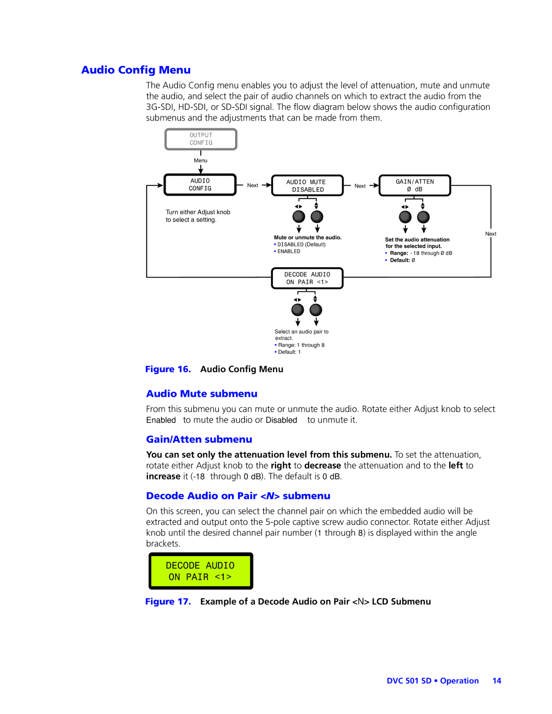 Extron electronic DVC501SD manual Audio Config Menu, Audio Mute submenu, Gain/Atten submenu, Decode Audio on Pair N submenu 