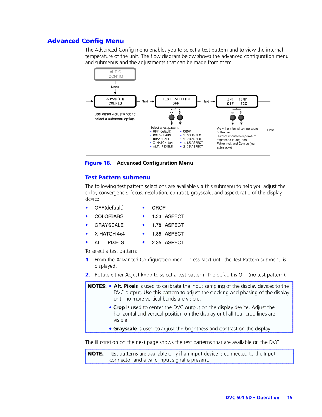 Extron electronic DVC501SD manual Advanced Config Menu, Test Pattern submenu 
