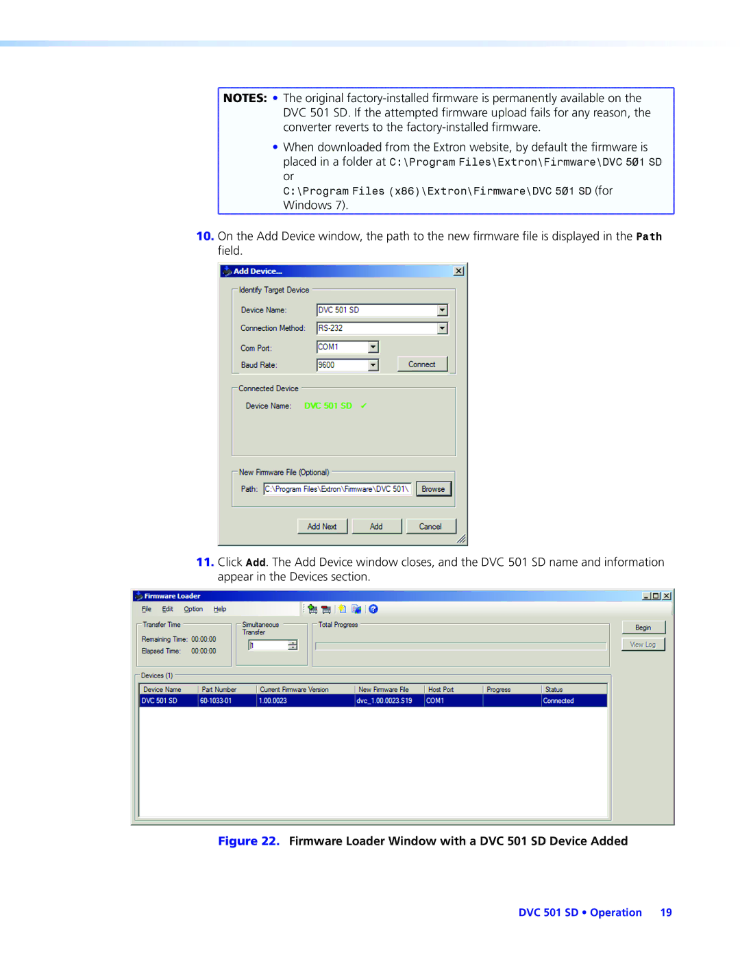 Extron electronic DVC501SD manual Firmware Loader Window with a DVC 501 SD Device Added 