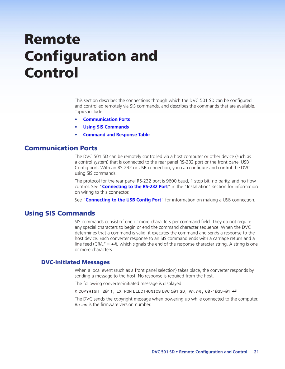 Extron electronic DVC501SD Remote Configuration Control, Communication Ports, Using SIS Commands, DVC-initiated Messages 