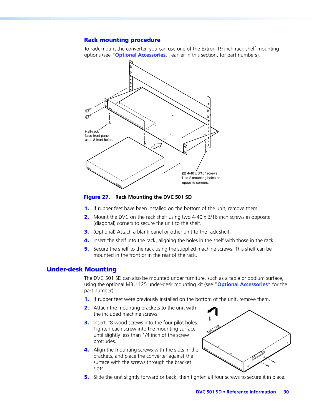 Extron electronic DVC501SD manual Under-desk Mounting, Rack mounting procedure 