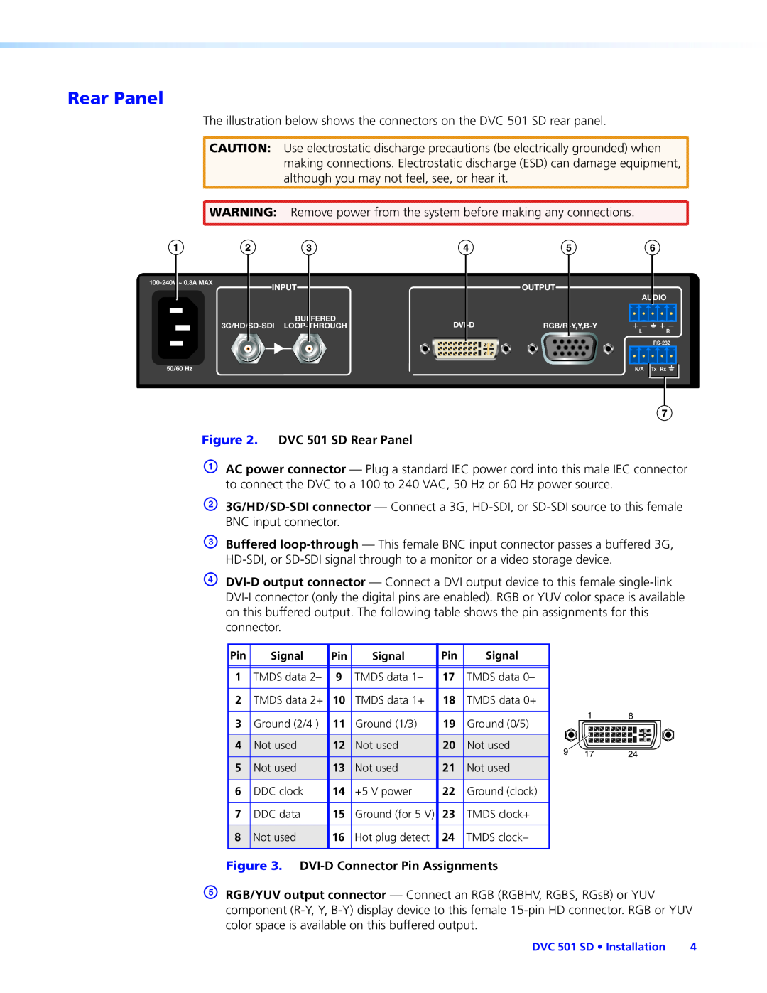 Extron electronic DVC501SD manual DVC 501 SD Rear Panel, DVI-DConnector Pin Assignments 