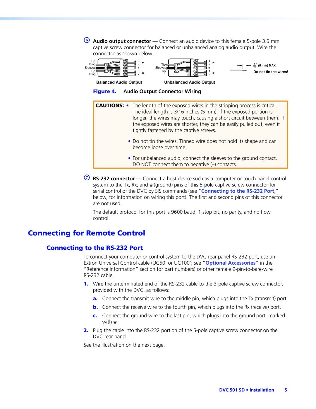 Extron electronic DVC501SD manual Connecting for Remote Control, Connecting to the RS-232Port 