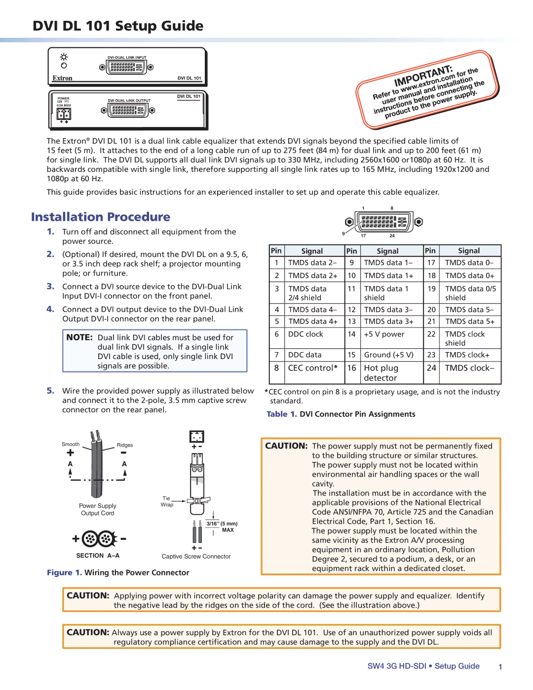 Extron electronic DVD DL 101 setup guide DVI DL 101 Setup Guide, Installation Procedure, DVI Connector Pin Assignments 