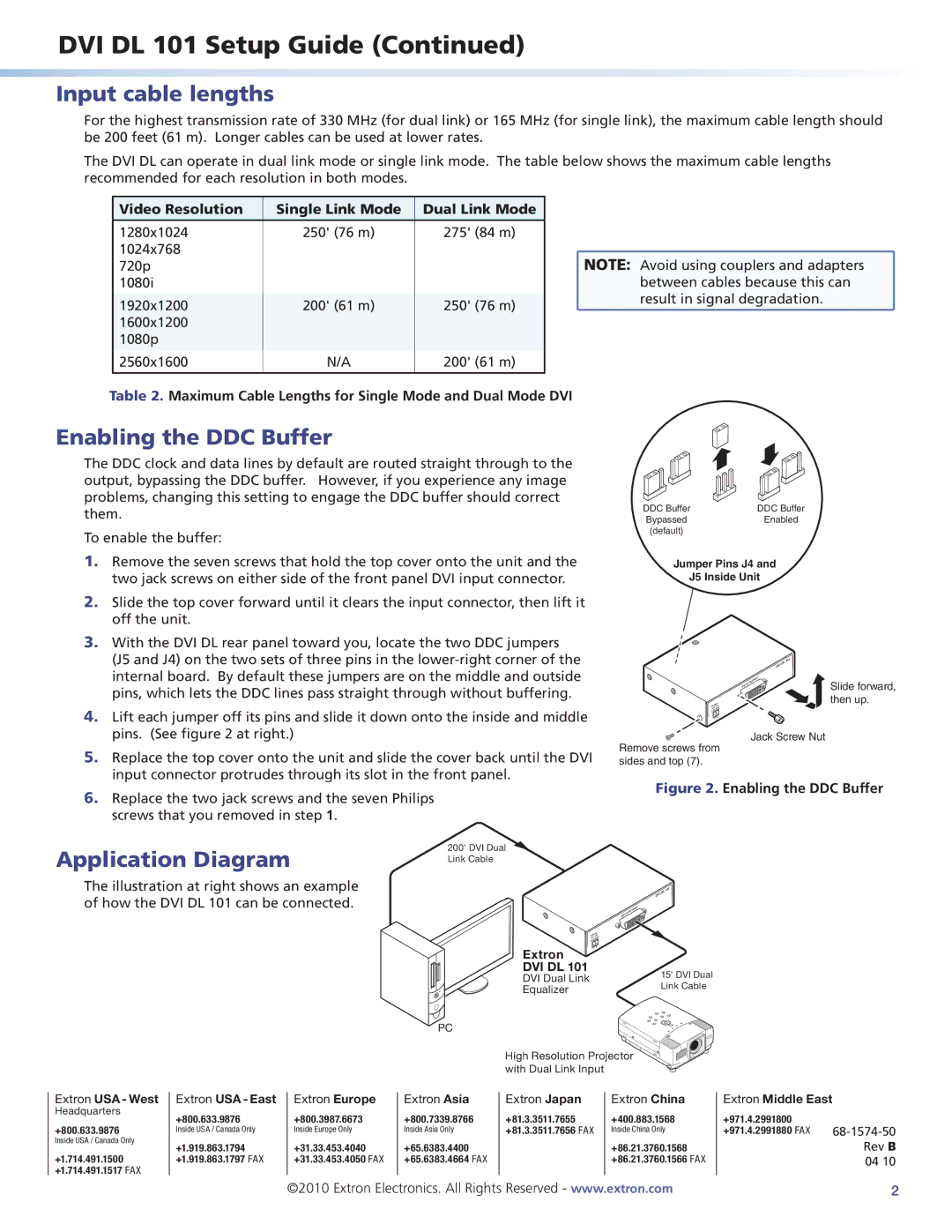 Extron electronic DVD DL 101 setup guide Input cable lengths, Enabling the DDC Buffer, Application Diagram 