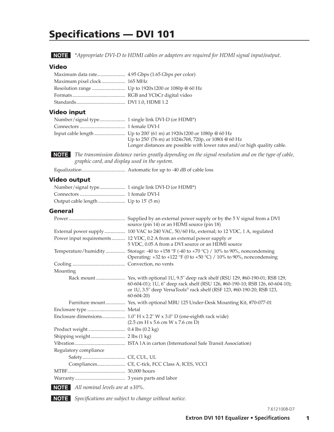 Extron electronic DVI 101 specifications Specifications DVI, Video input, Video output, General 