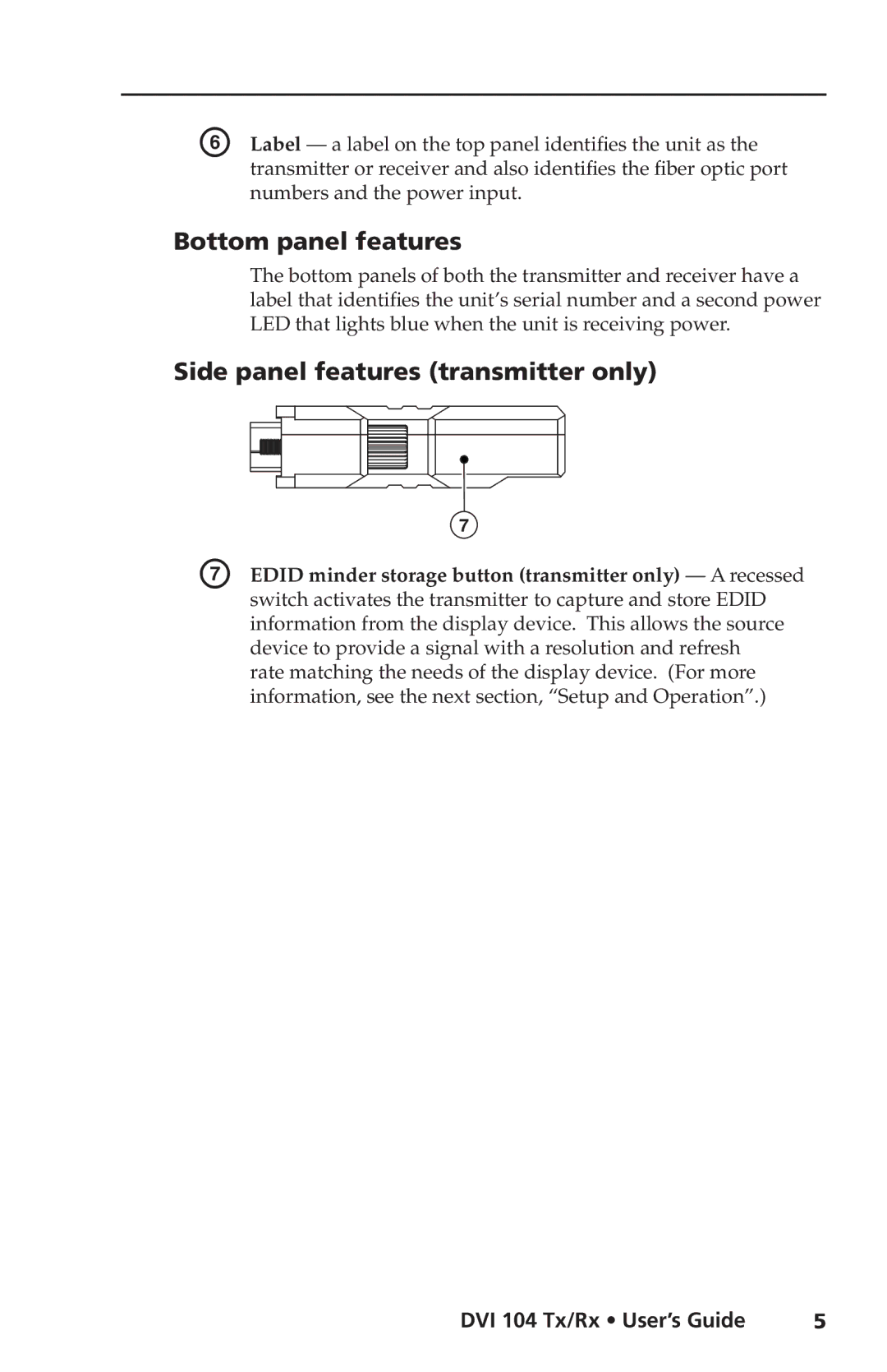 Extron electronic DVI 104 Tx/Rx manual Bottom panel features, Side panel features transmitter only 