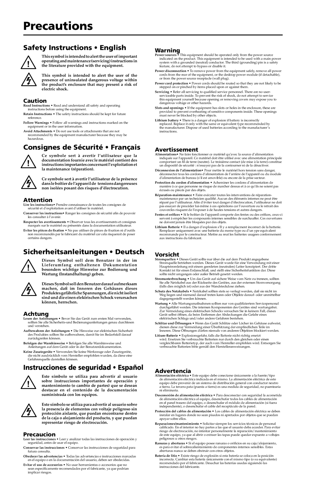 Extron electronic DVI 104 Tx/Rx Precautions, Safety Instructions English, Consignes de Sécurité Français, Avertissement 