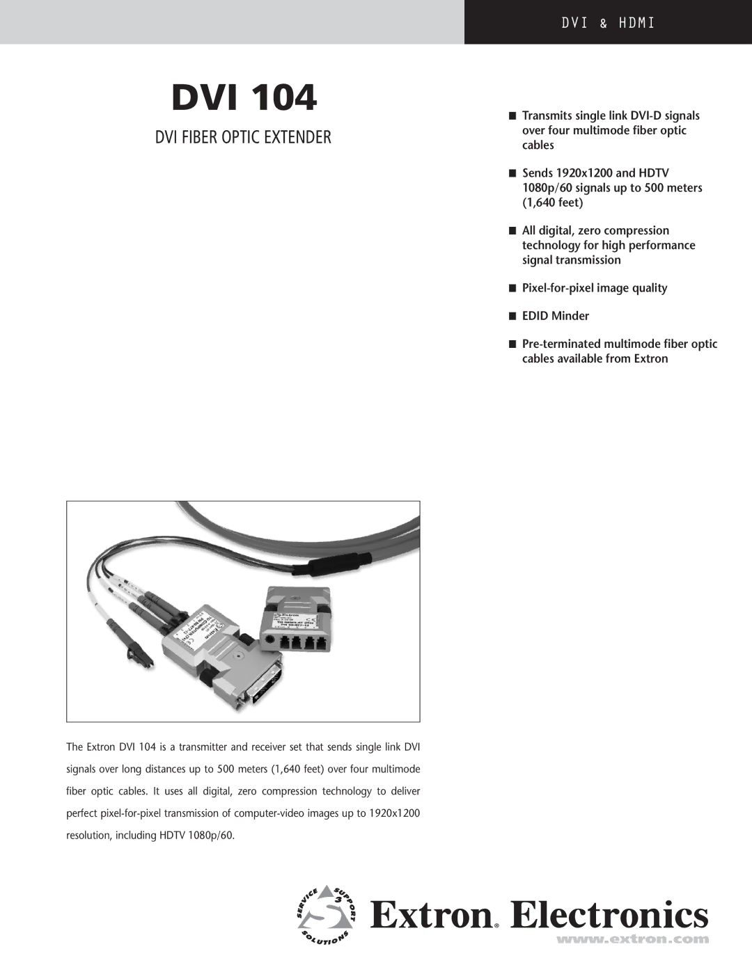 Extron electronic DVI 104 manual Dvi, DVI Fiber Optic Extender 