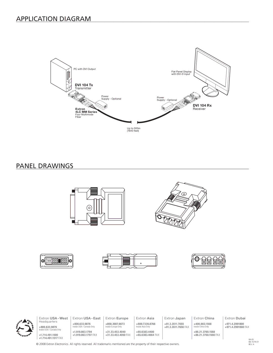 Extron electronic DVI 104 manual Application Diagram, Panel drawings 