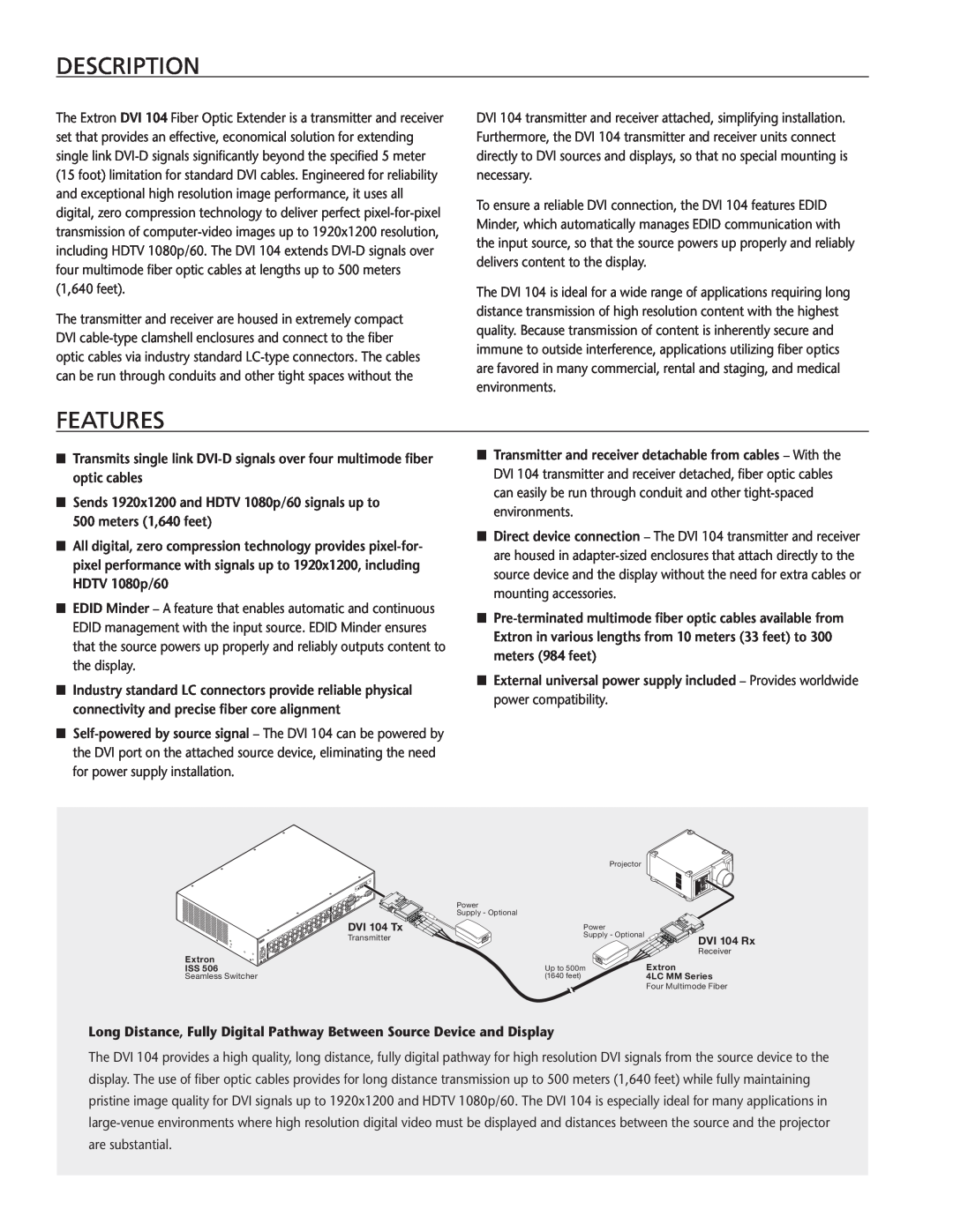 Extron electronic manual Description, Features, DVI 104 Tx, DVI 104 Rx 