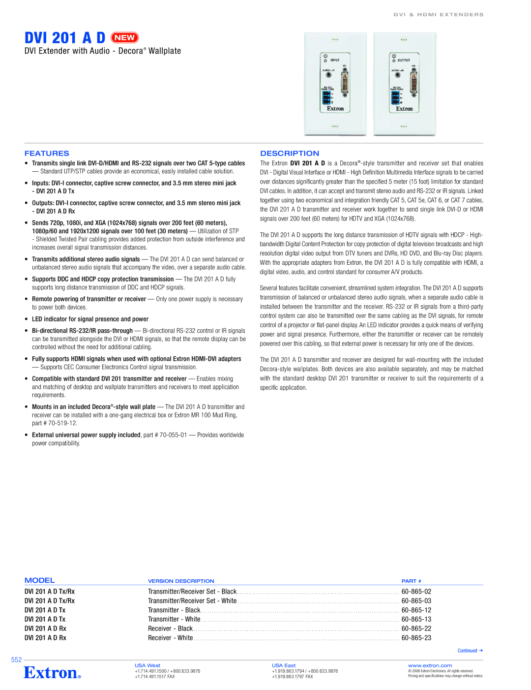 Extron electronic DVI 201 A D specifications Features, Model 