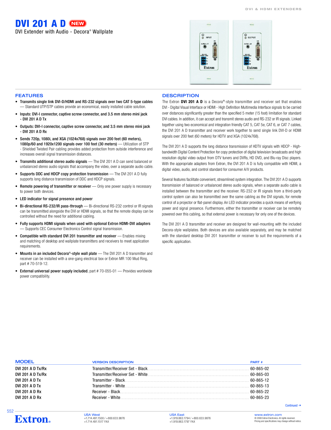 Extron electronic DVI 201 A D specifications Features, Description, Model, DVI Extender with Audio - Decora Wallplate 