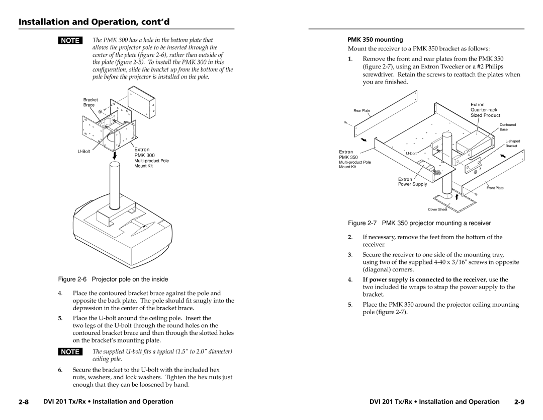 Extron electronic DVI 201 Tx, DVI 201 Rx user manual Projector pole on the inside, PMK 350 mounting 