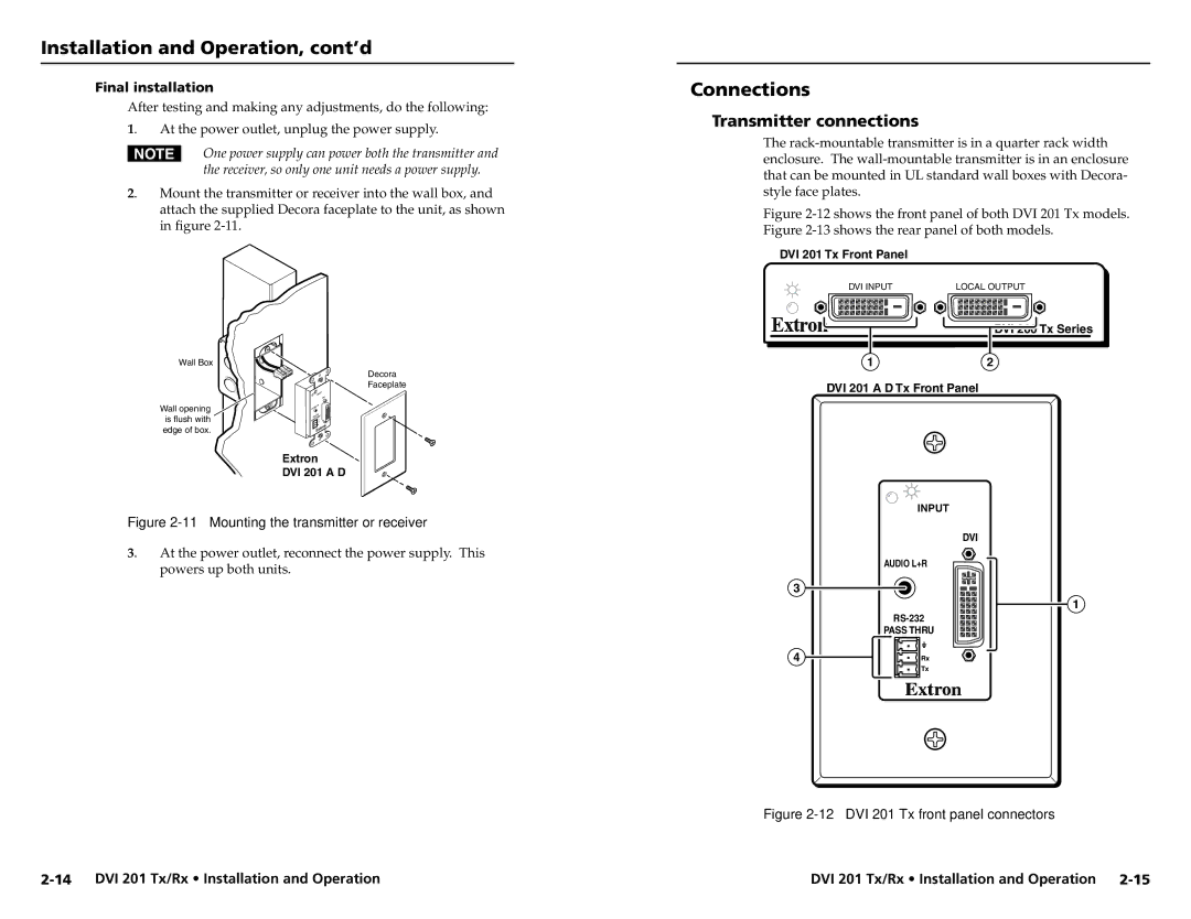 Extron electronic DVI 201 Rx, DVI 201 Tx user manual Connections, Transmitter connections, Final installation 