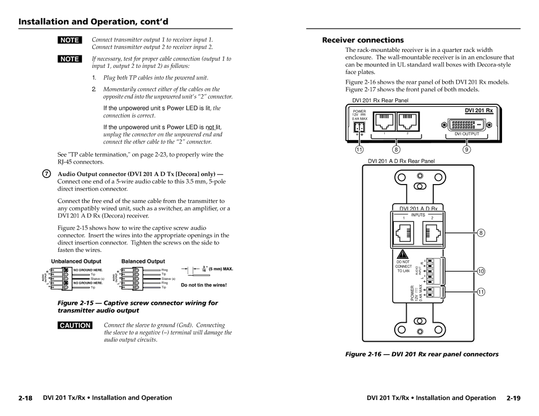 Extron electronic DVI 201 Rx, DVI 201 Tx user manual Receiver connections 