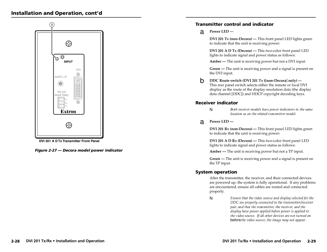 Extron electronic DVI 201 Tx user manual Transmitter control and indicator, Receiver indicator, System operation, Power LED 