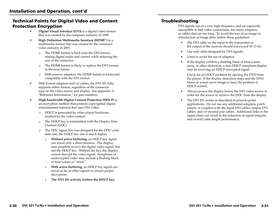 Extron electronic DVI 201 Rx, DVI 201 Tx user manual Troubleshooting 