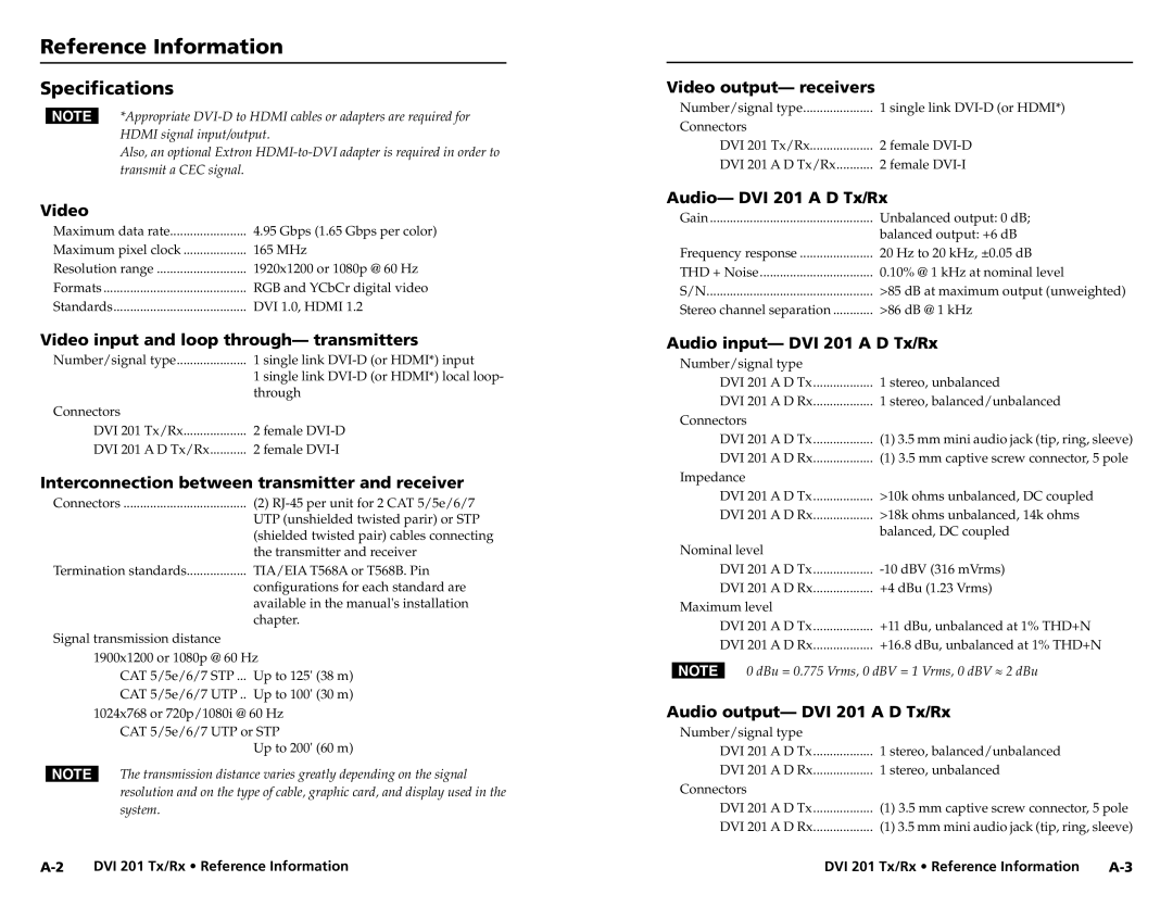 Extron electronic DVI 201 Tx, DVI 201 Rx user manual Reference Information, Specifications 