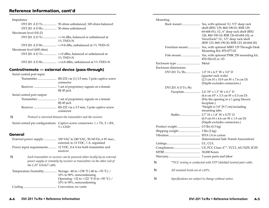 Extron electronic DVI 201 Rx Reference Information, cont’d, Control/remote external device pass-through, General 