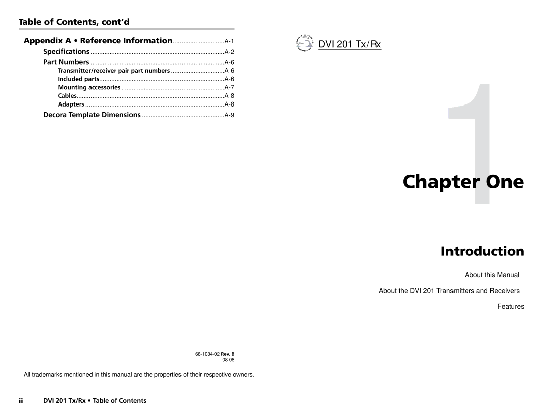 Extron electronic DVI 201 Rx user manual DVI 201 Tx/Rx, Table of Contents, cont’d 